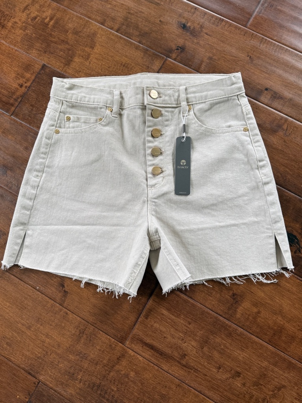 Tractr High Waist Slim Denim Shorts button fly NWT Tan